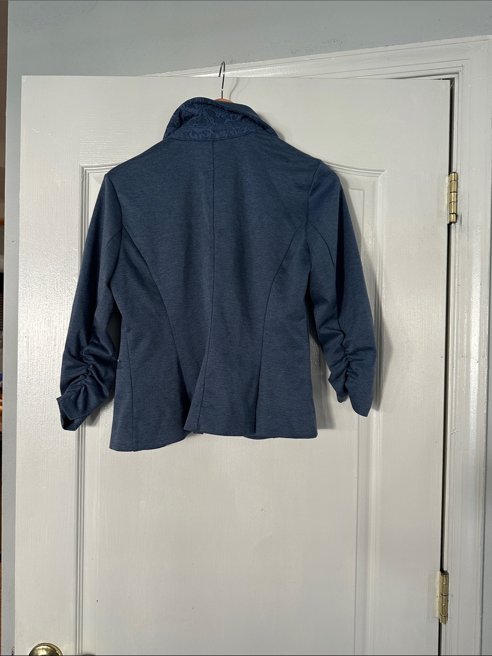 Women's Navy Blue Open-Front Cropped Blazer with lace detail - Picture 5 of 5